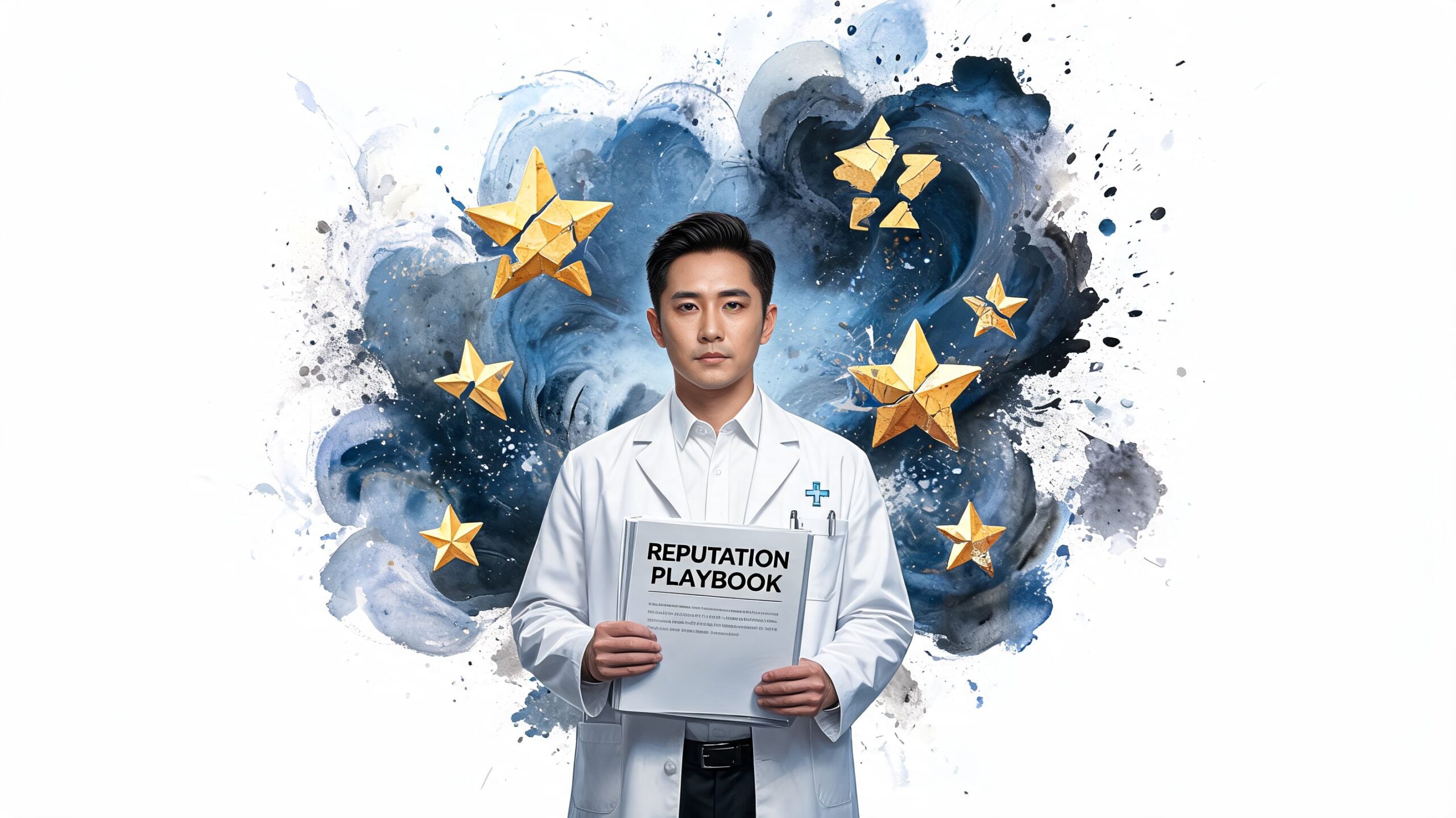 A professional dentist holding a reputation playbook surrounded by gold star ratings and artistic blue watercolor.