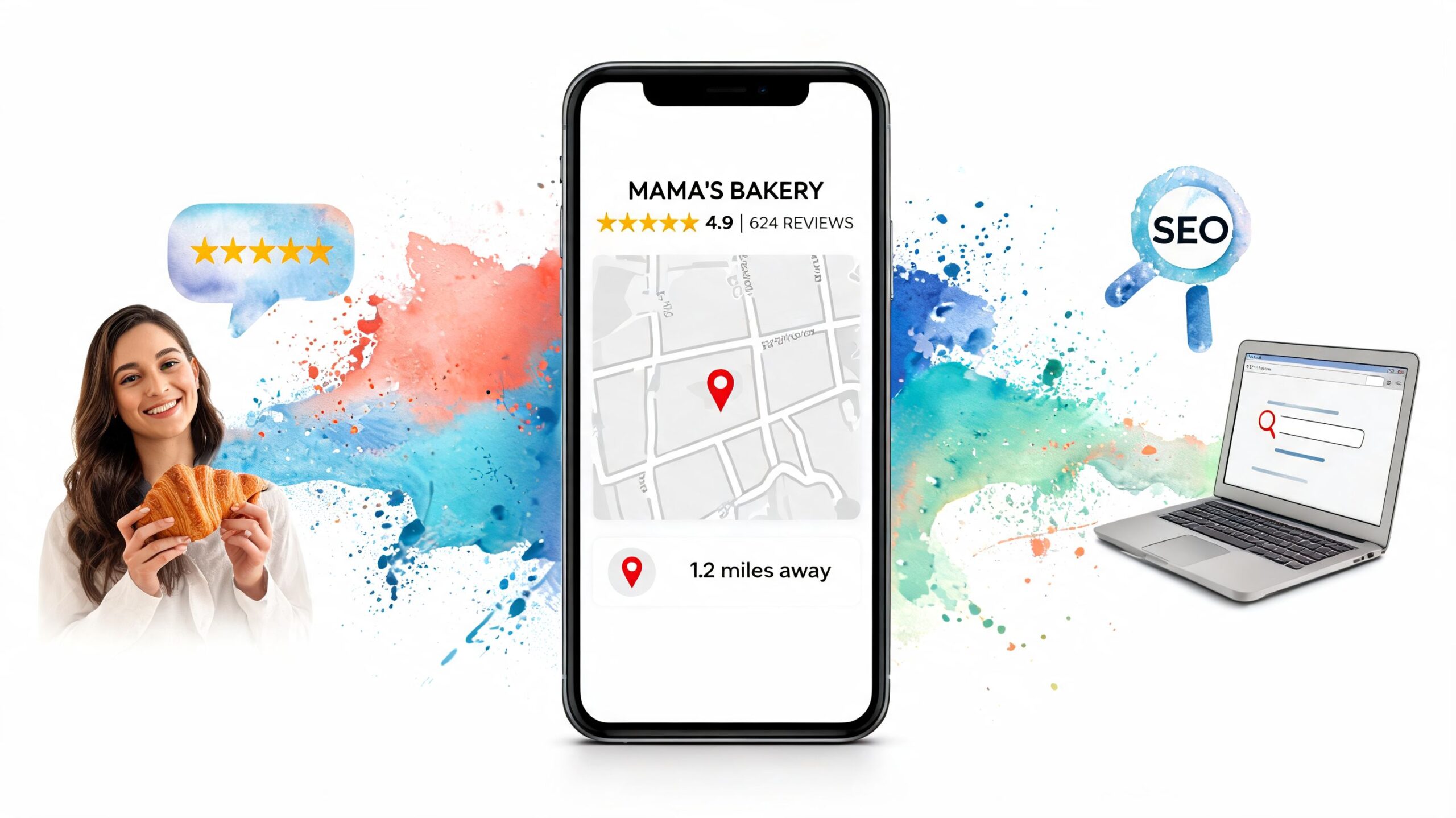 A smartphone displaying a bakery's location alongside a happy customer and a laptop representing SEO marketing.