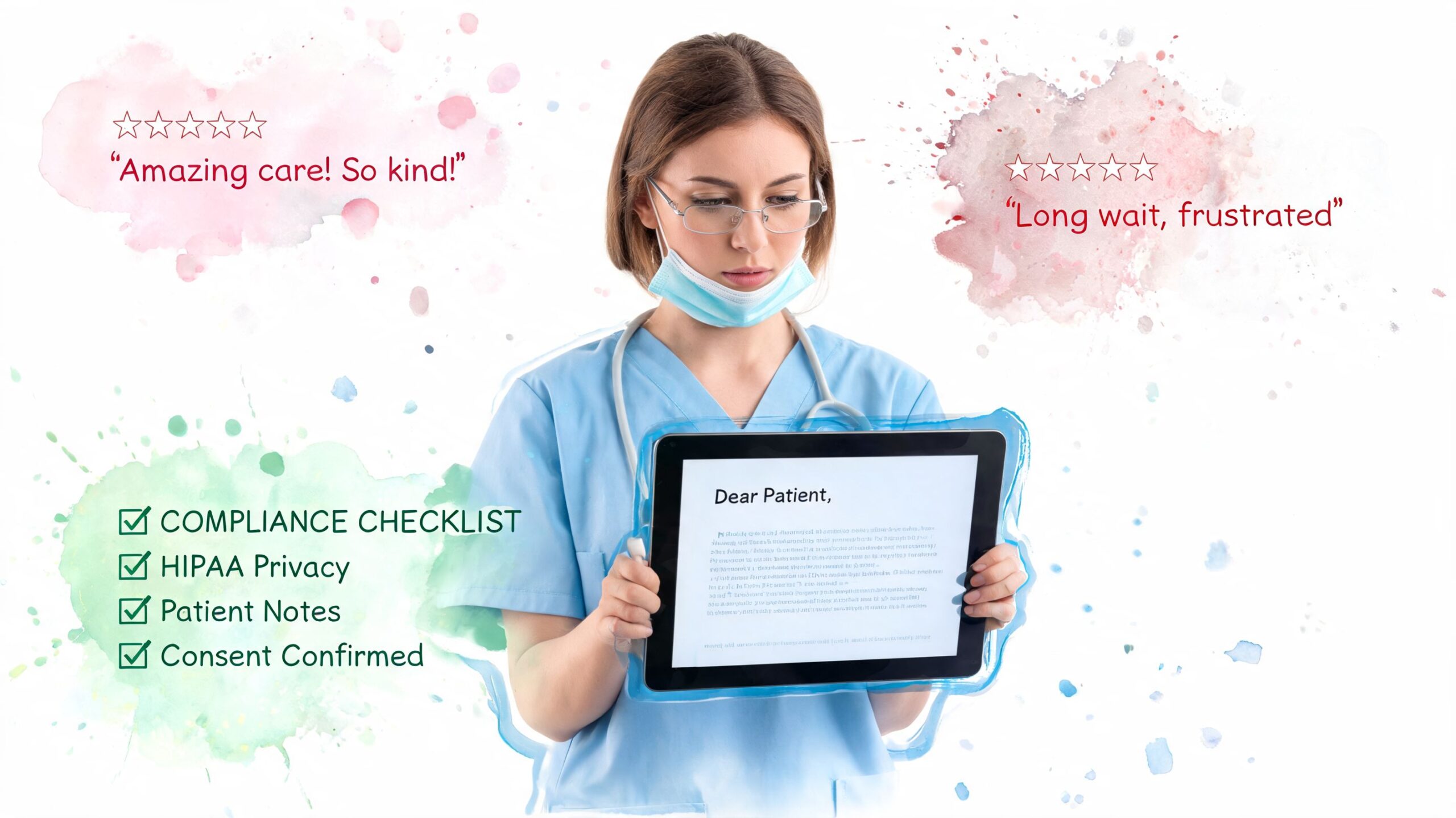 A healthcare professional holds a tablet displaying patient records against a background showing patient feedback reviews.