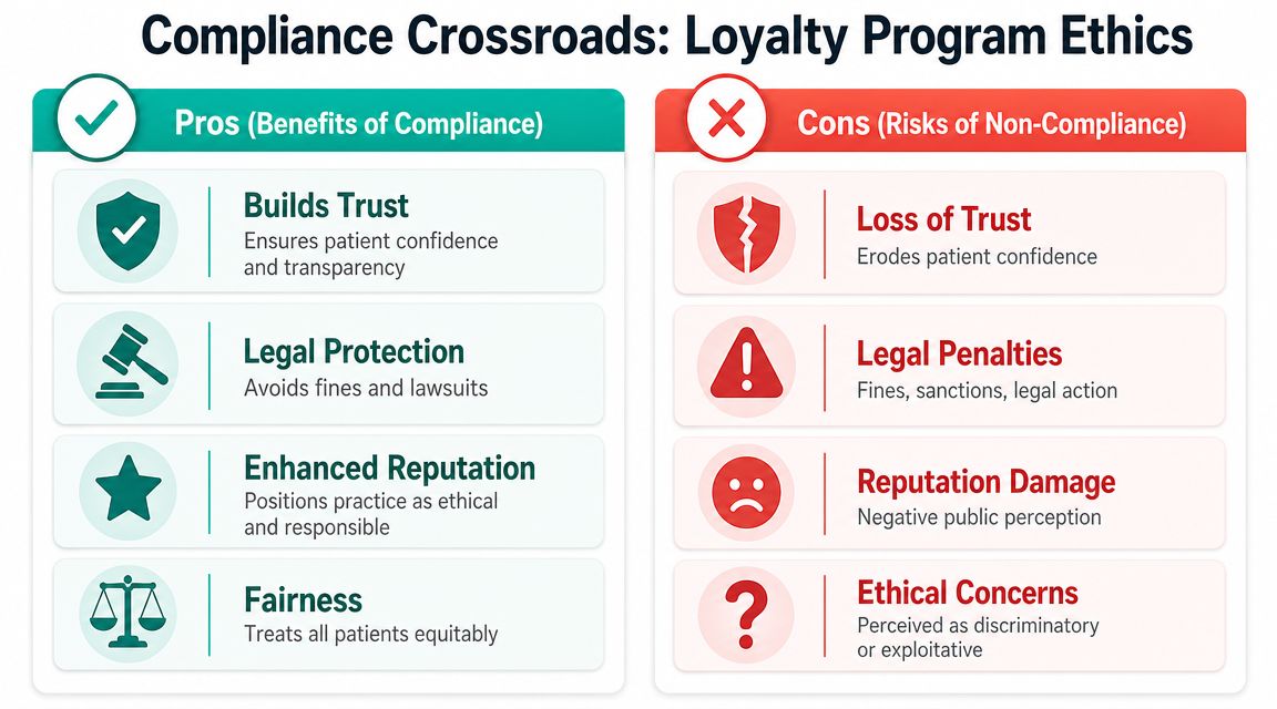 A comparison chart showing the benefits of compliance and the risks of non-compliance for patient loyalty programs.