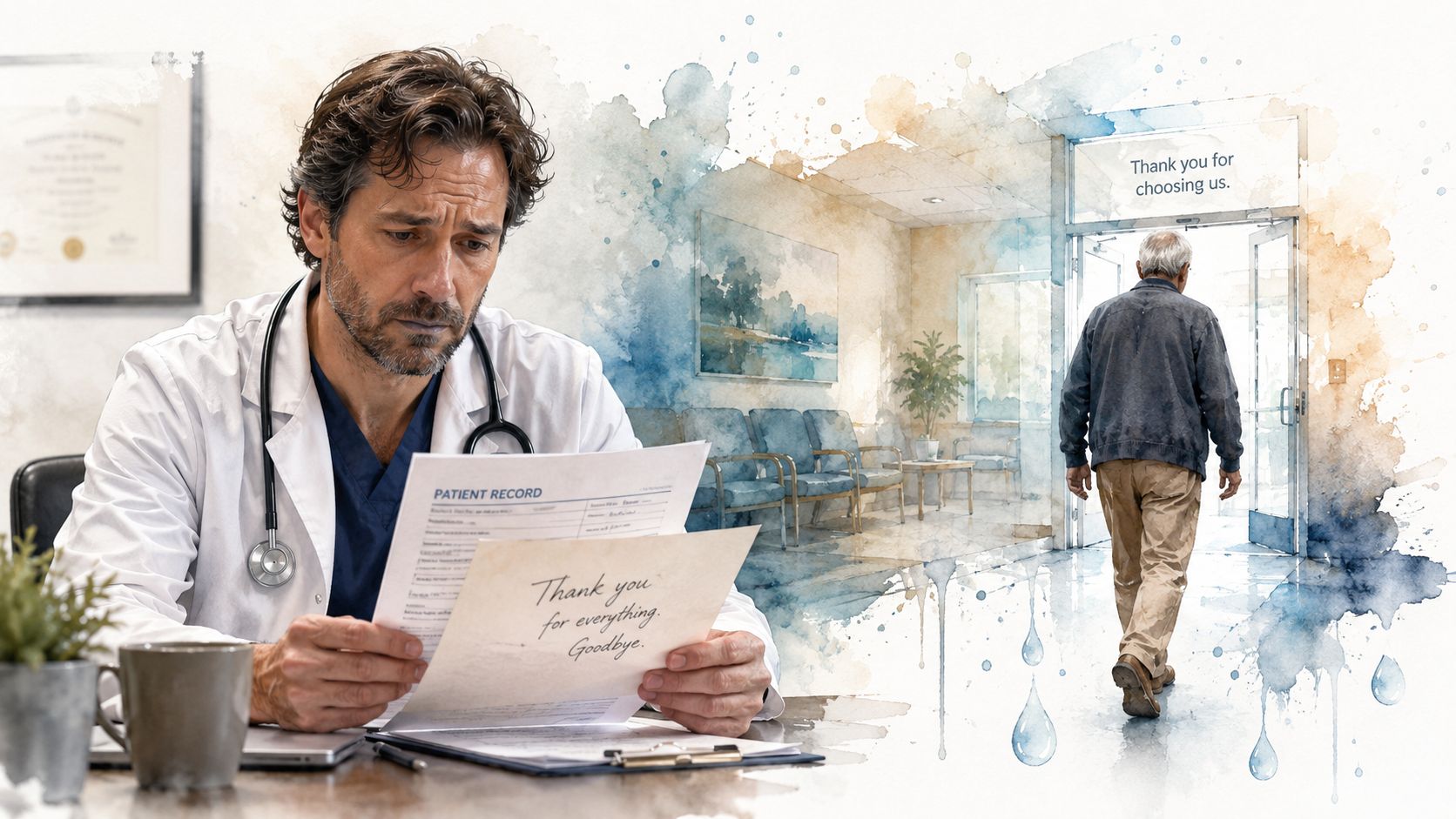 A doctor reading a goodbye note while an elderly patient leaves a clinic, representing patient turnover.