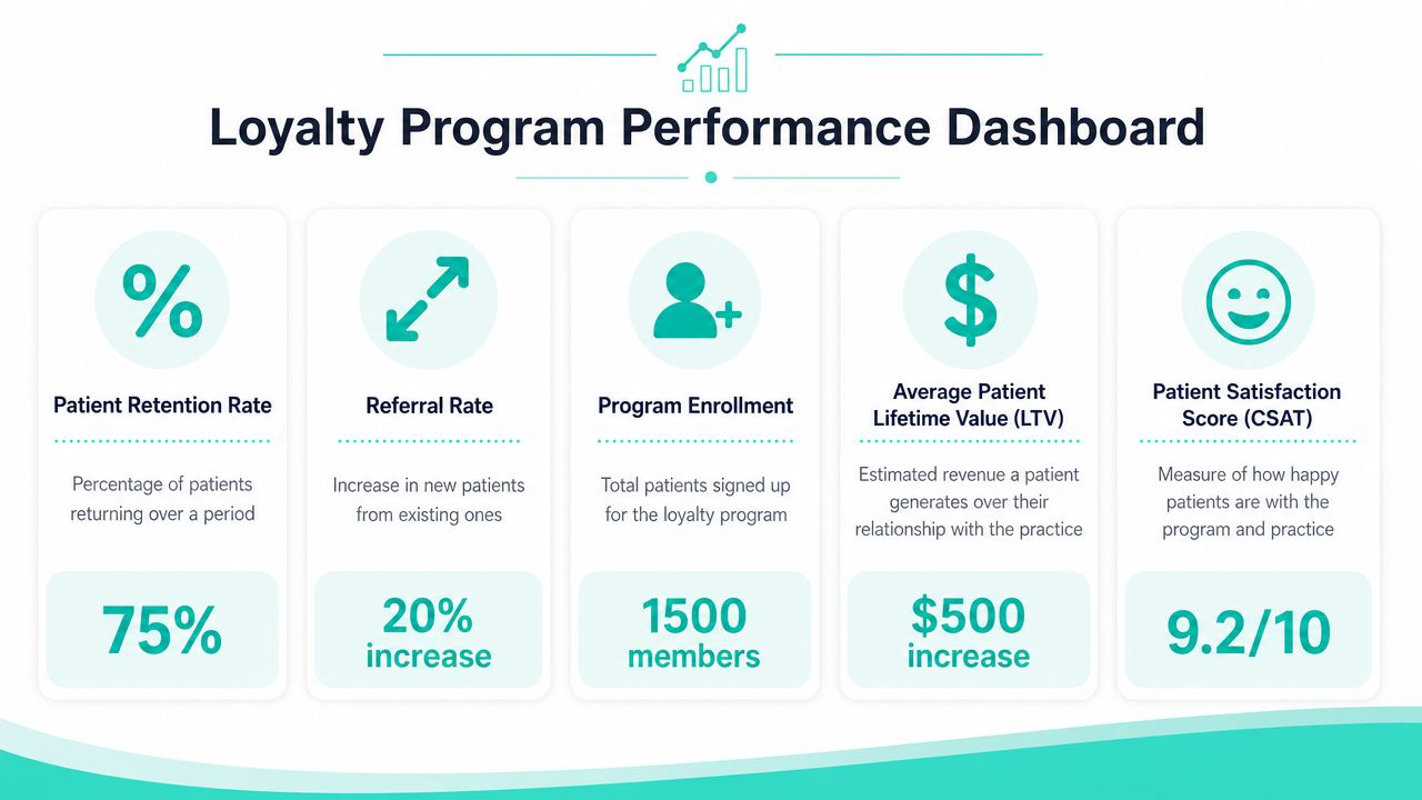 A dashboard infographic titled Loyalty Program Performance Dashboard showing metrics for patient retention, referrals, enrollment, lifetime value, and satisfaction.
