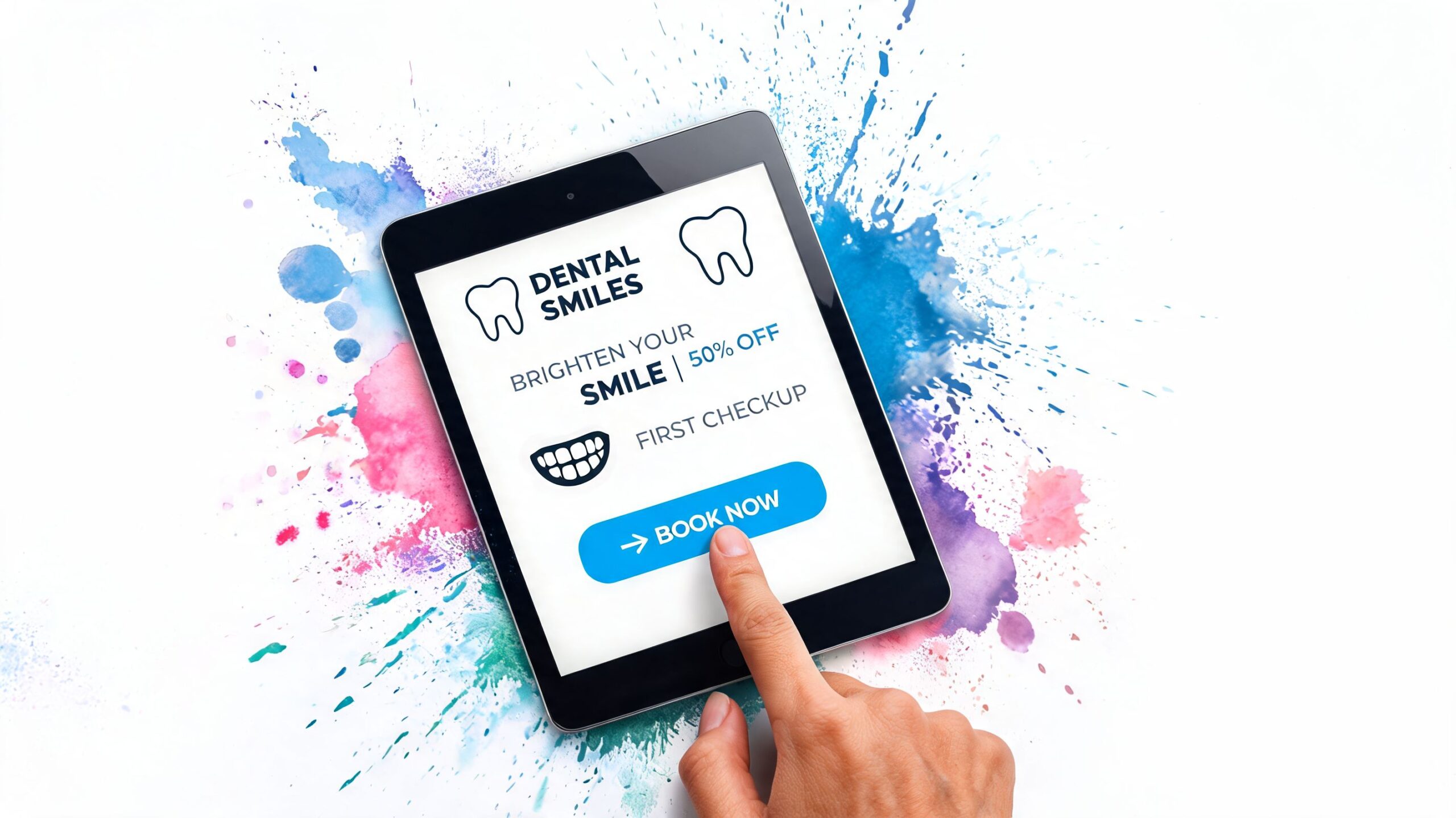 A tablet screen displaying a Dental Smiles promotion offering fifty percent off a first checkup appointment.