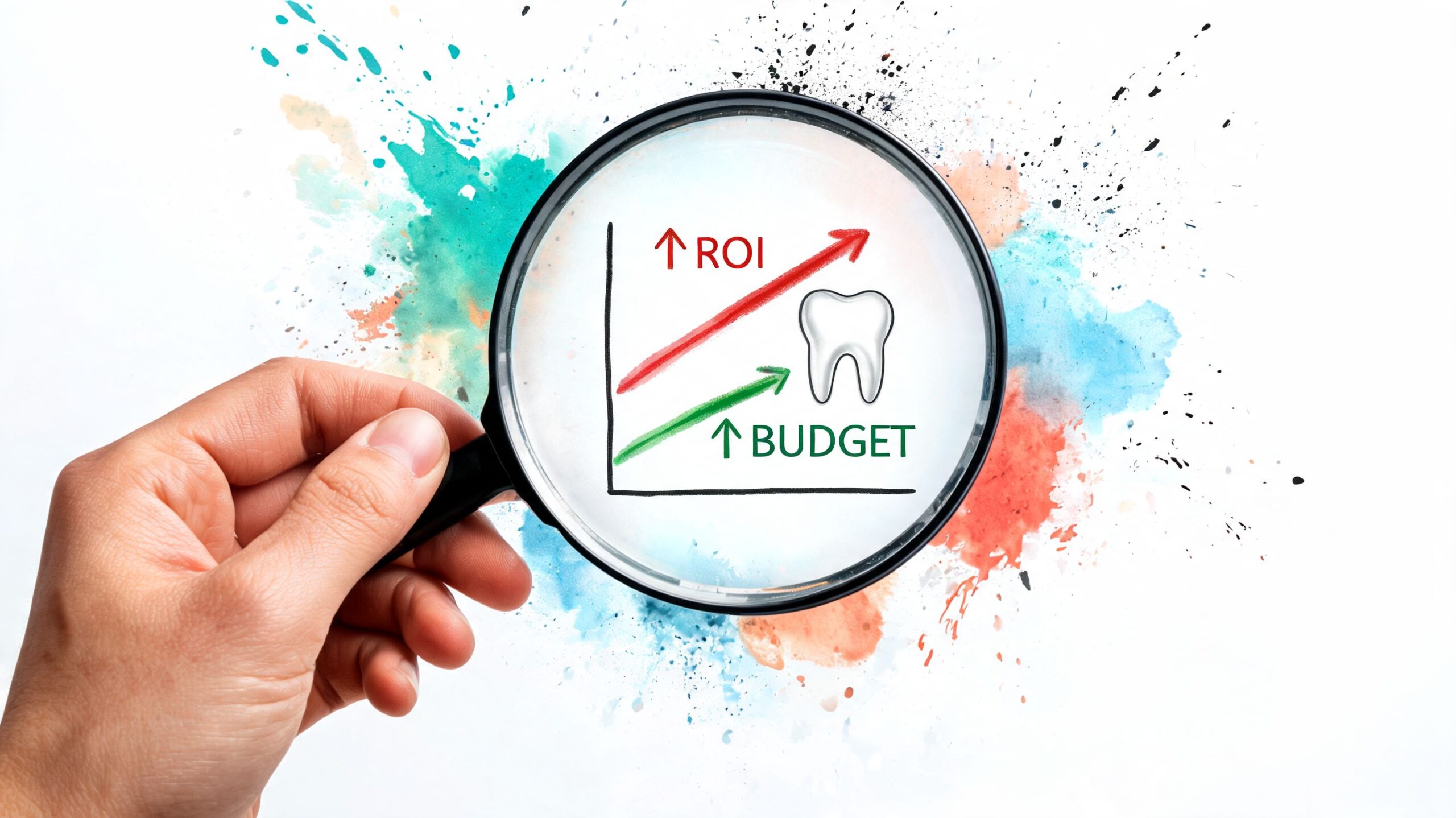 A hand holding a magnifying glass over a chart showing increasing dental ROI and budget trends.