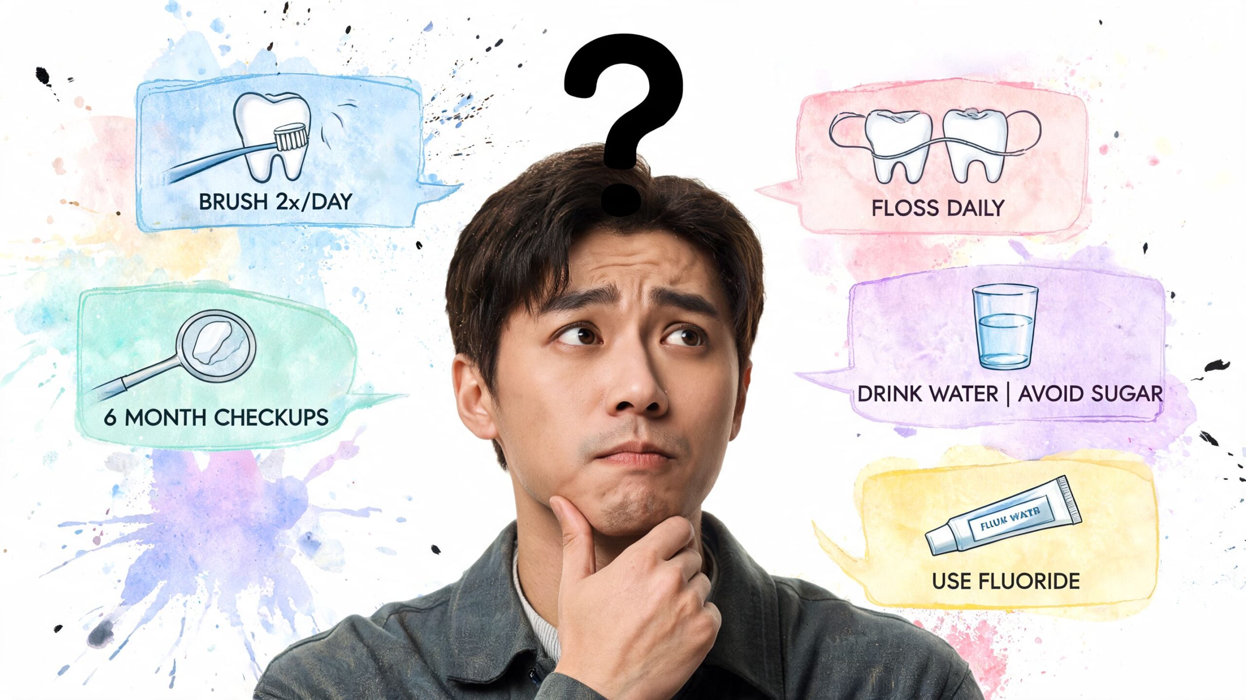A young man looking thoughtful with dental hygiene advice icons surrounding him about oral health care.