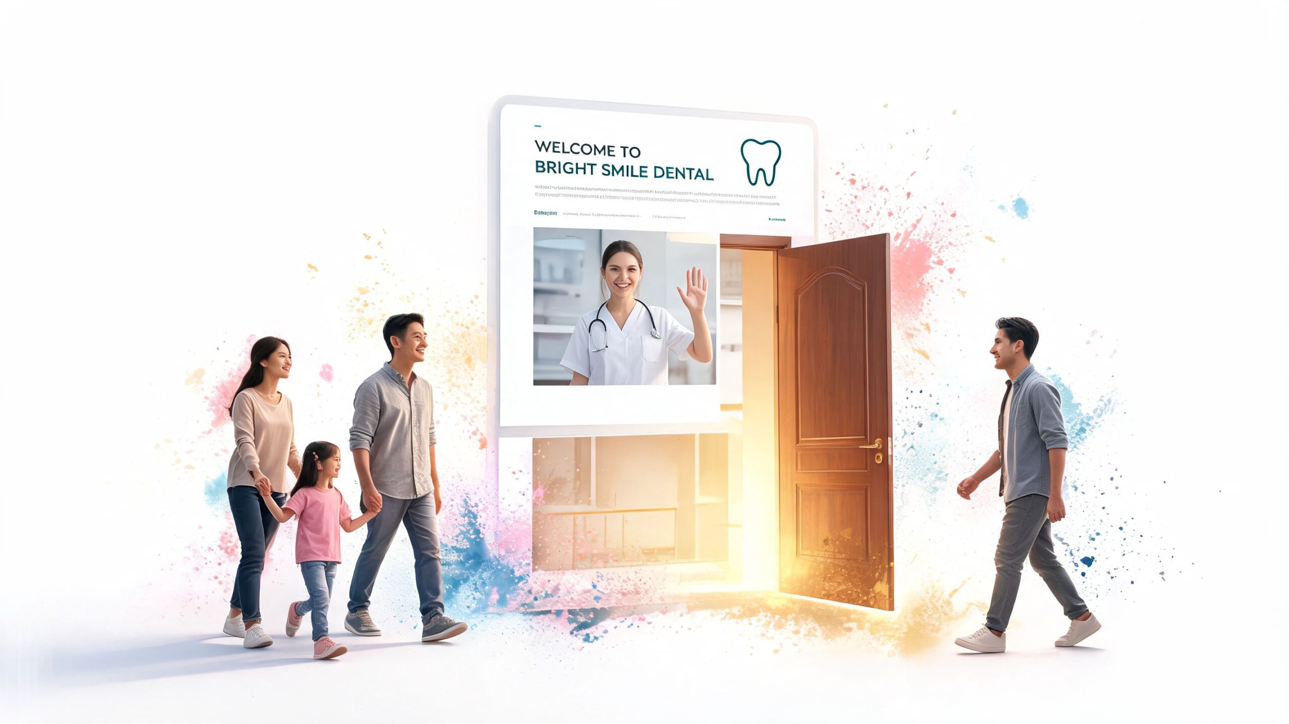 A family and an individual walk toward a digital door representing Bright Smile Dental clinic services.