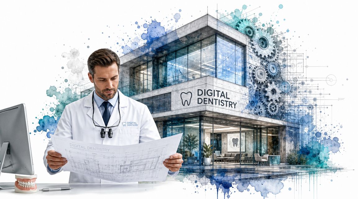 A professional dentist reviewing architectural blueprints of a modern digital dental clinic with intricate gear designs.