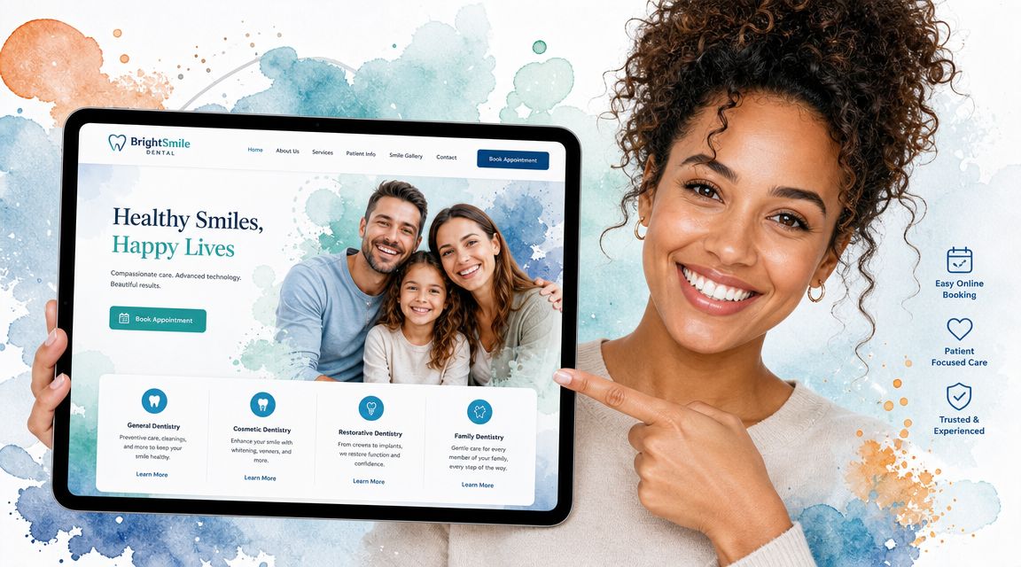 A happy woman pointing to a digital tablet displaying a professional dental clinic website for BrightSmile Dental.