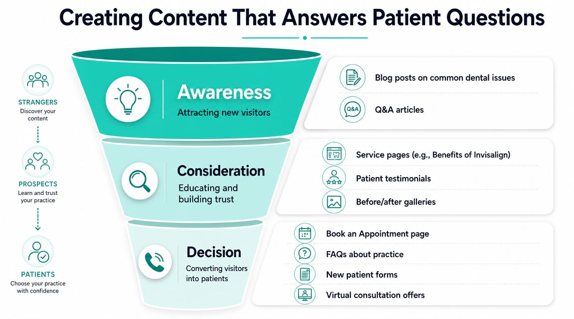 A marketing funnel diagram showing content strategies for dental practices to attract, educate, and convert patients.