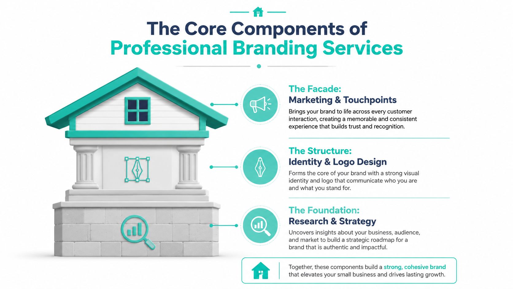 A house illustration representing the core components of professional branding services including research, design, and marketing.
