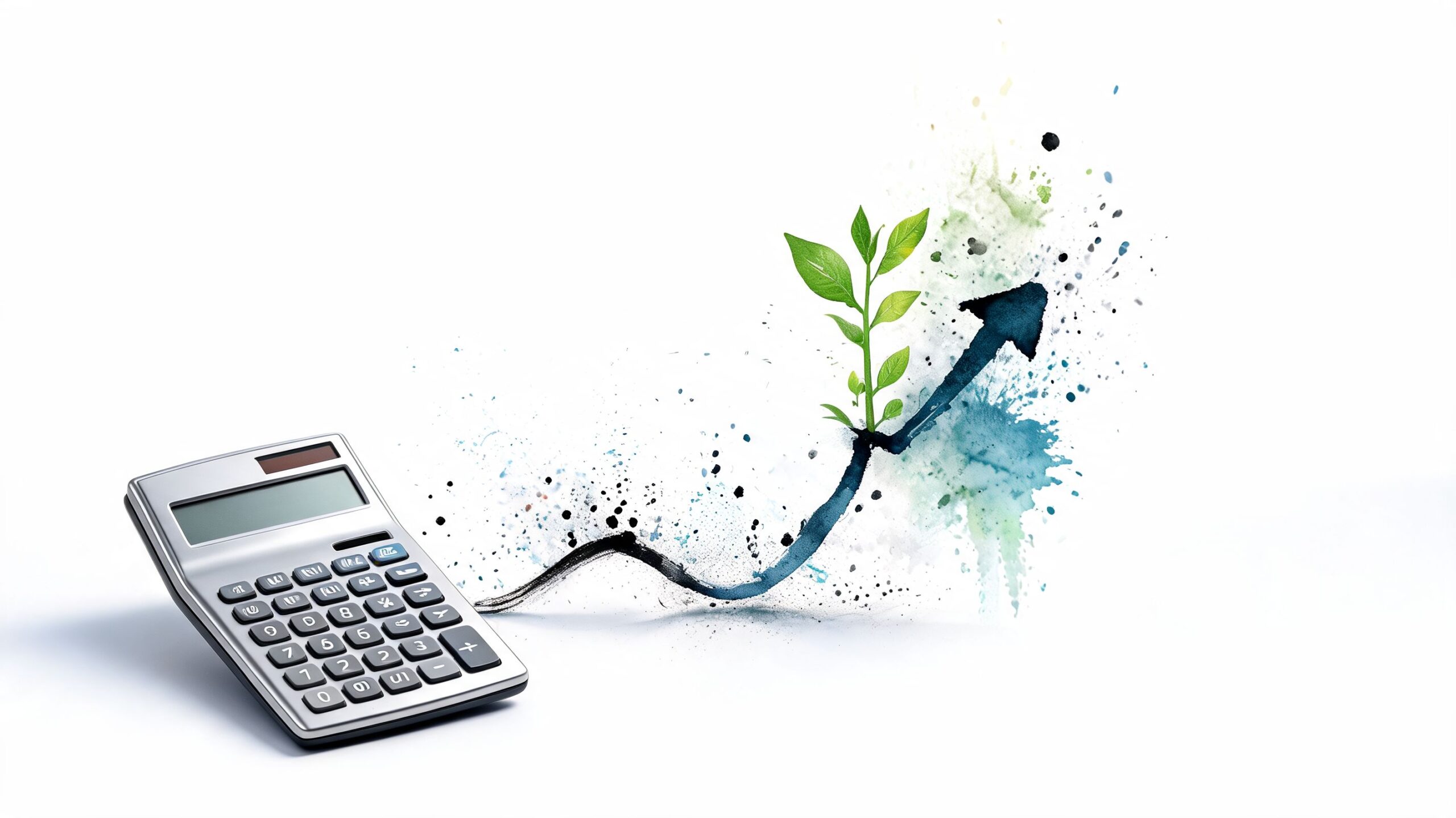 A calculator next to an upward trending arrow with a small green plant growing out of it.