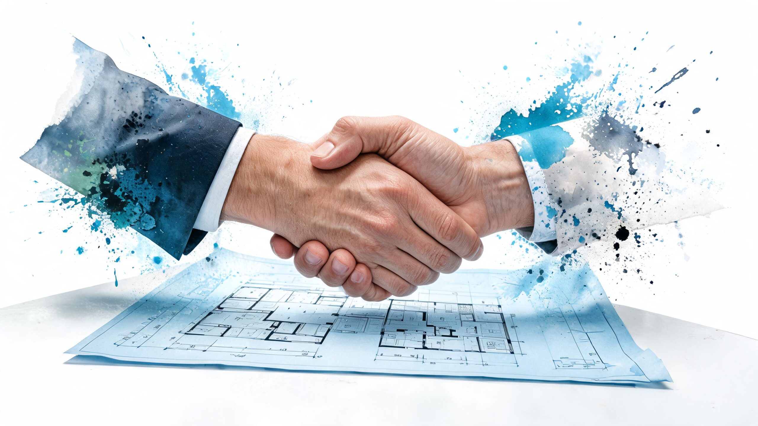 Two professional business people shaking hands over a building construction blueprint on a white background
