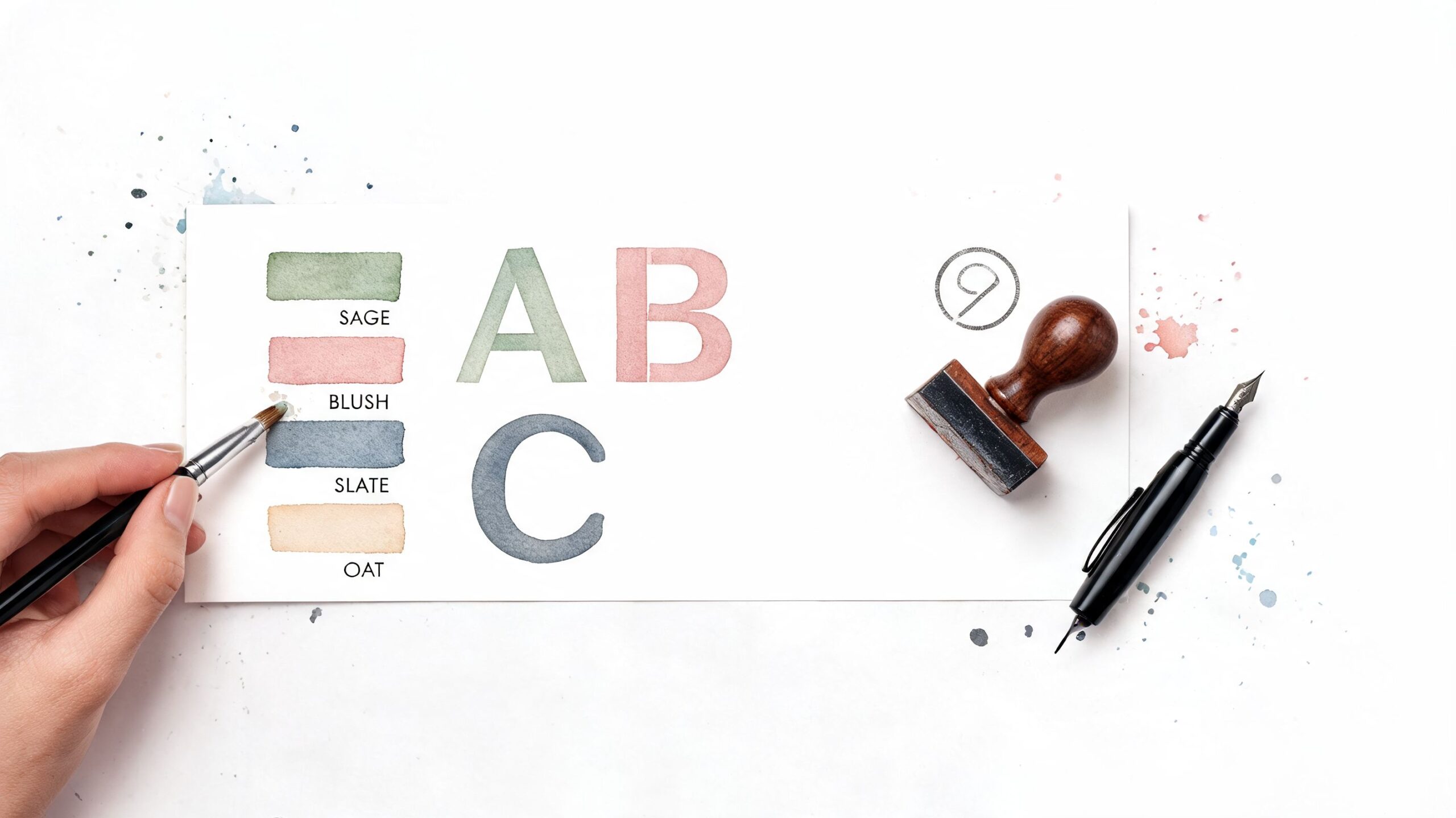 A hand holding a paintbrush beside watercolor swatches with text labels, a stamp, and a fountain pen.