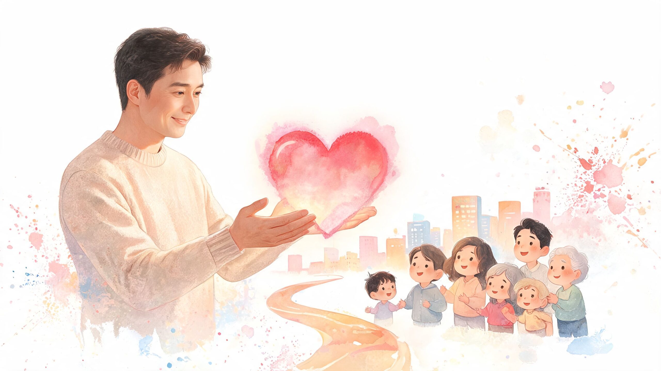 A gentle man presents a glowing watercolor heart to a diverse family in a city setting.
