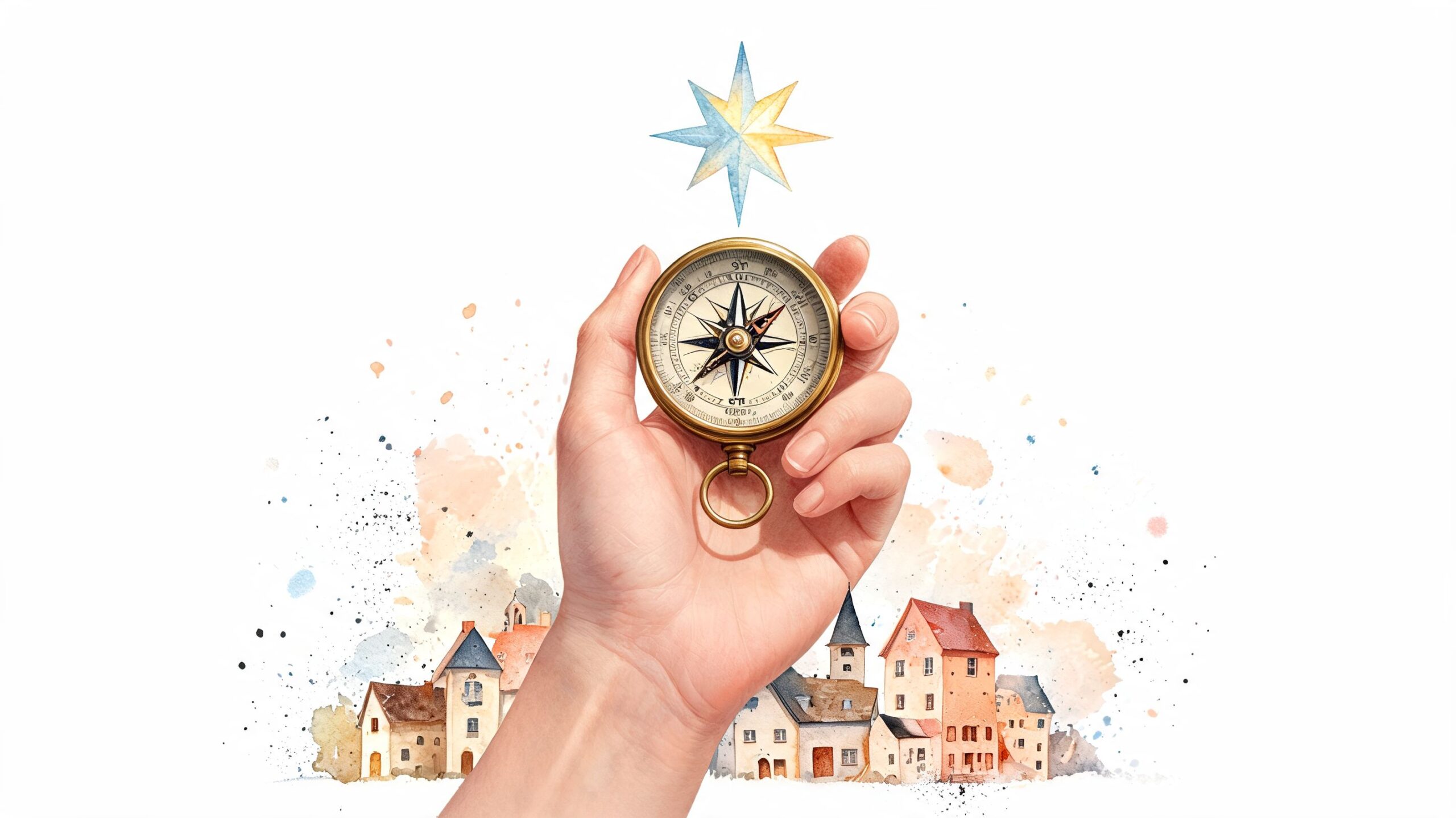 A hand holding a brass compass above a watercolor illustration of a charming miniature village.