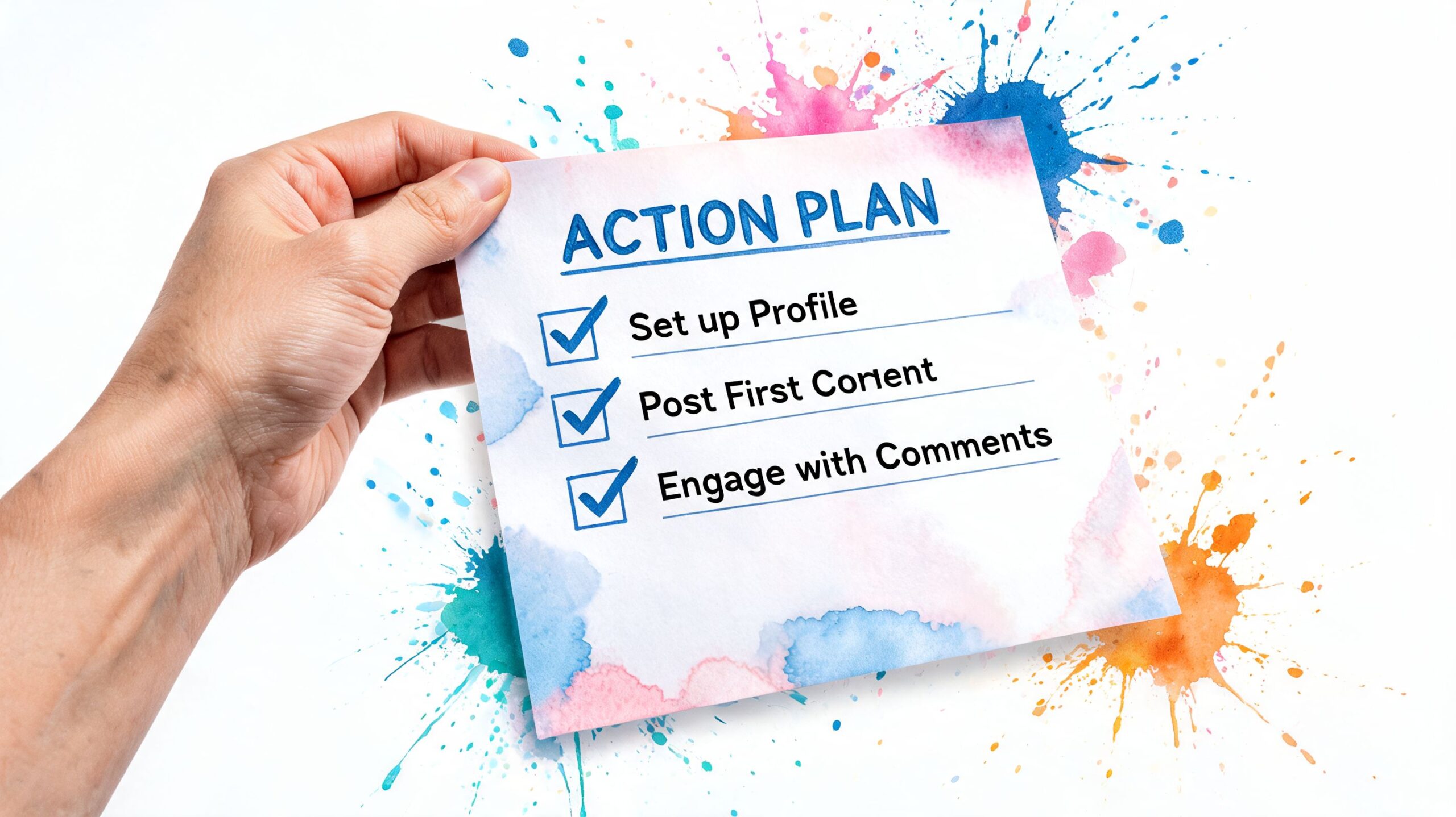 A hand holding a paper with an action plan for social media marketing including three checked tasks.