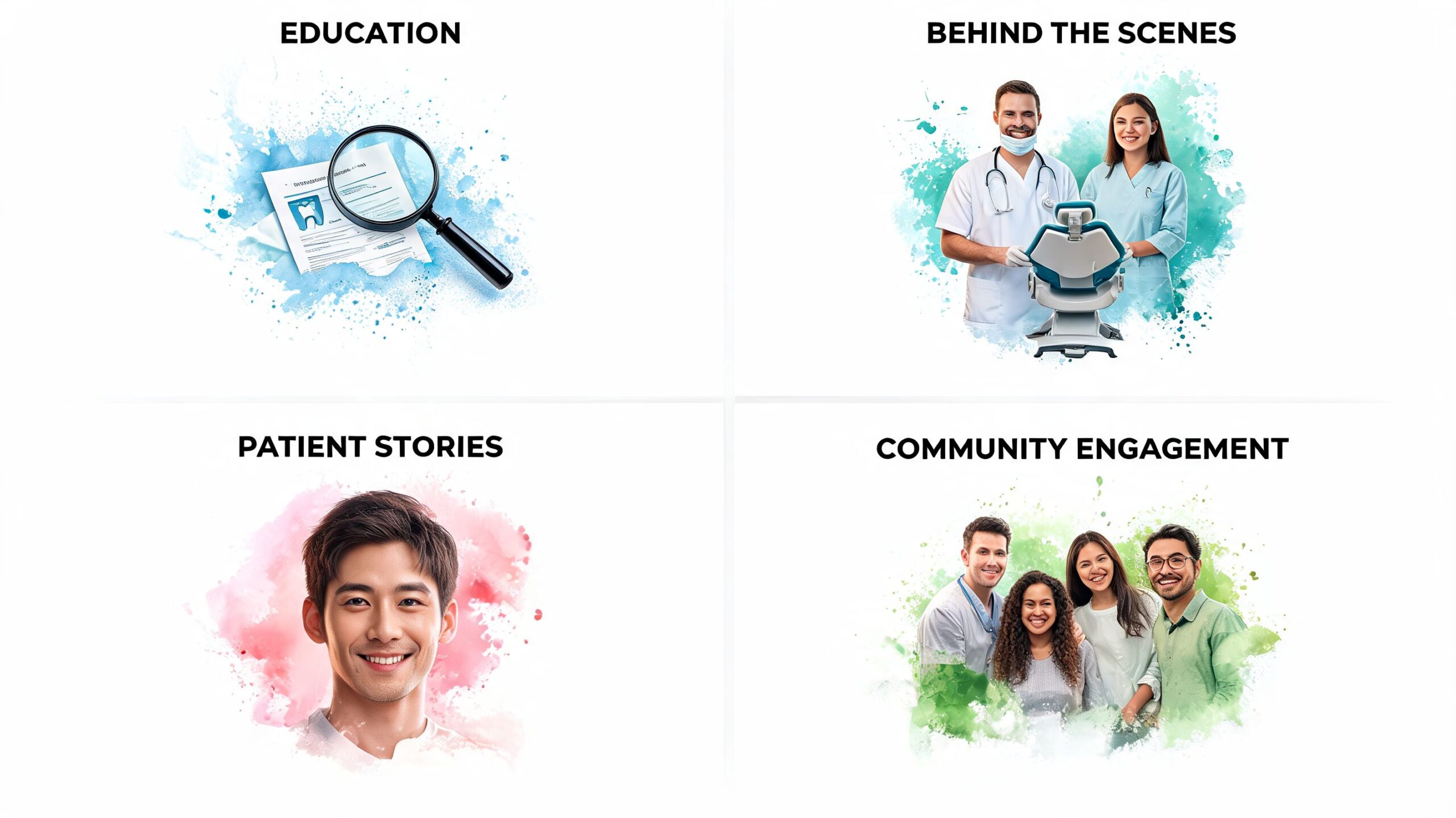 Four square graphics representing dental social media categories including education, behind the scenes, patient stories, and community engagement.