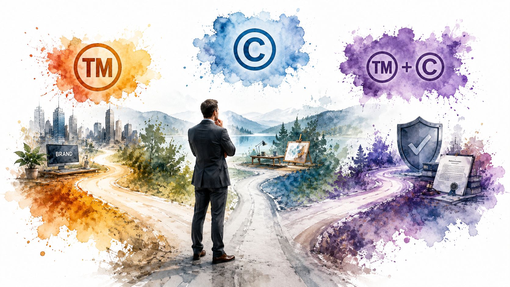 A businessman standing at a crossroads choosing between trademark and copyright legal branding paths.