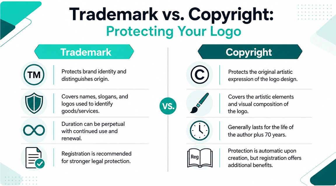 An infographic comparison between trademark and copyright, highlighting their differences in logo protection and legal duration.