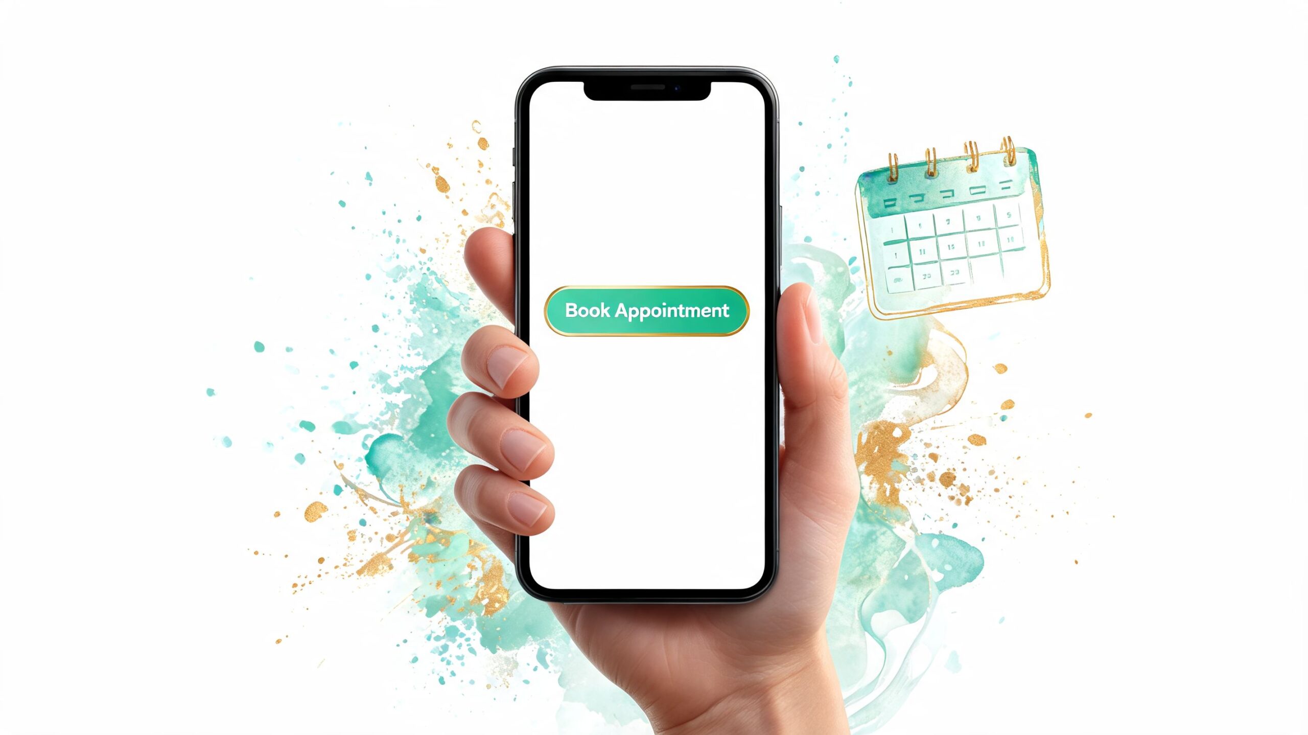 A hand holding a smartphone displaying a Book Appointment button with a calendar icon nearby.