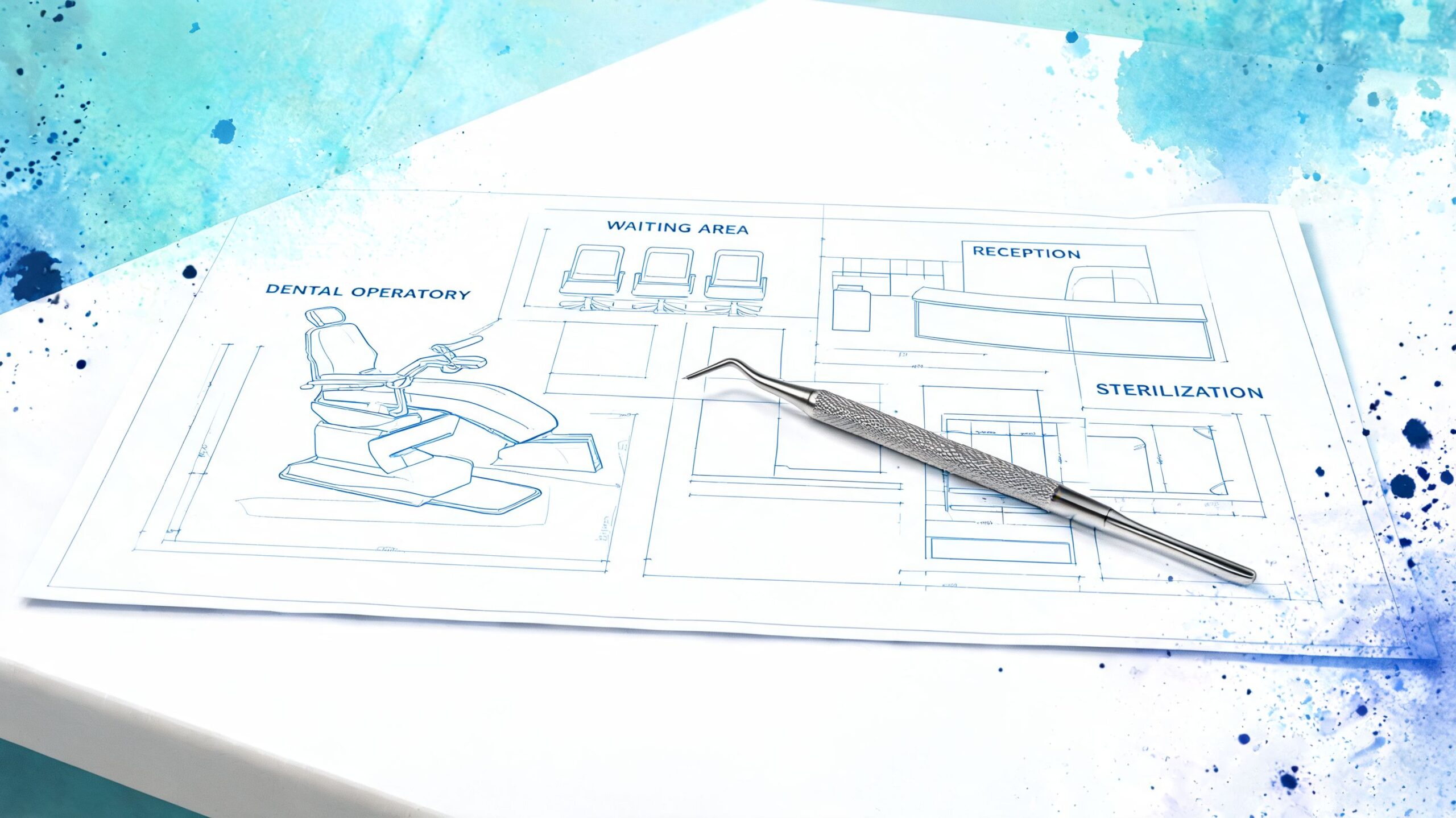 A stainless steel dental probe rests on architectural floor plans for a modern dental clinic layout design.