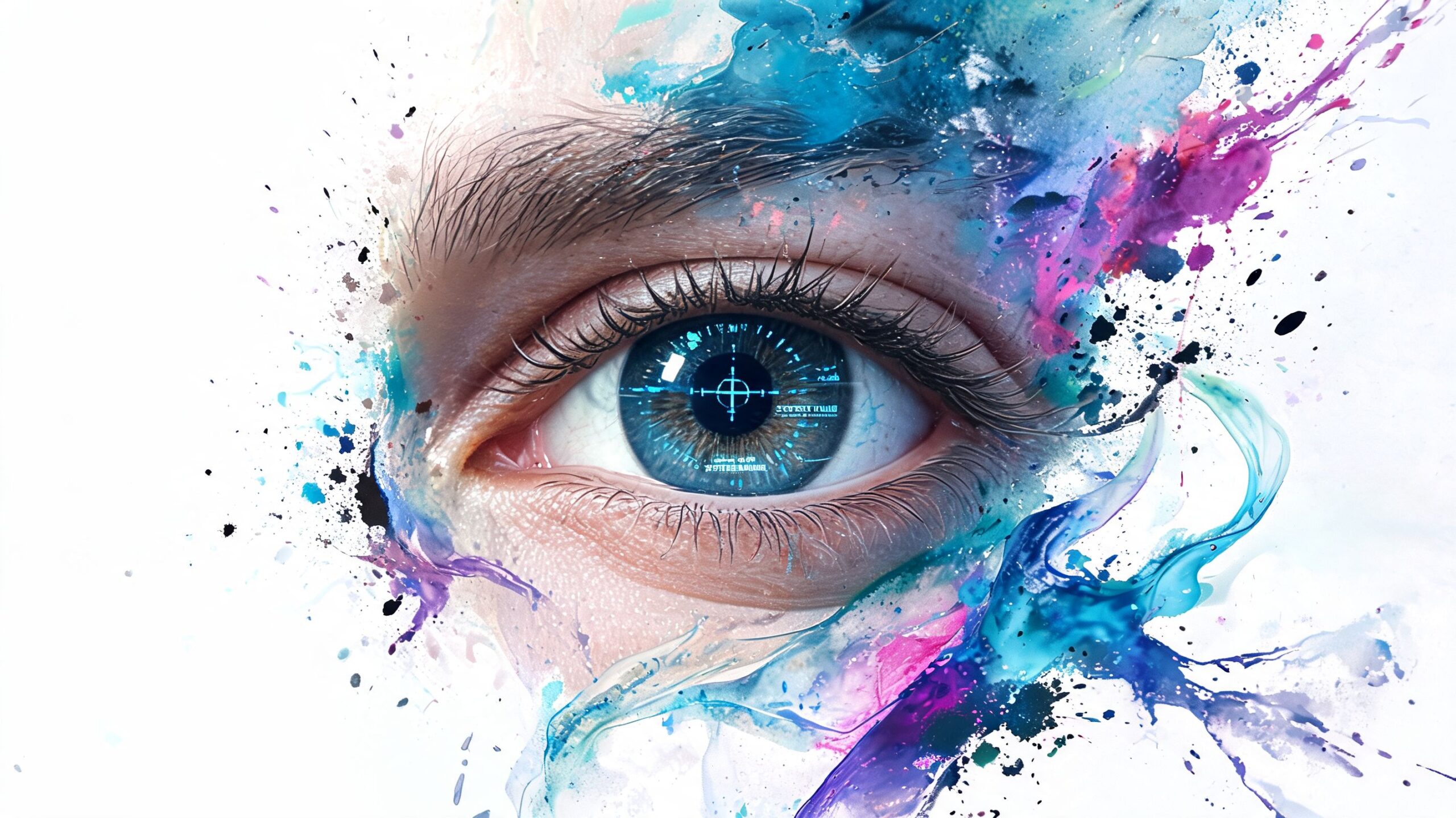 A close-up of a human eye integrated with futuristic digital interface elements and colorful watercolor splashes.