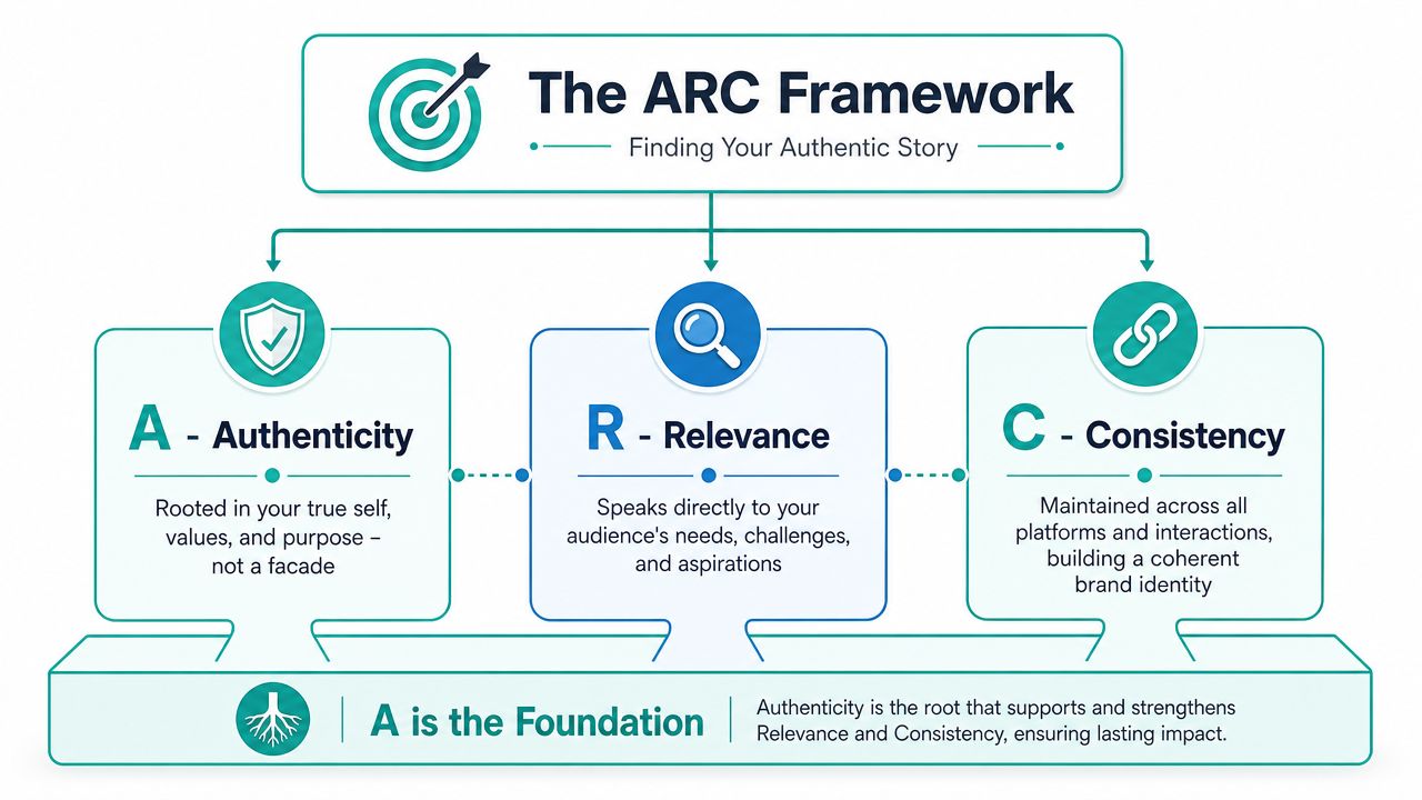 A diagram illustrating the ARC framework for authentic brand storytelling: Authenticity, Relevance, and Consistency.