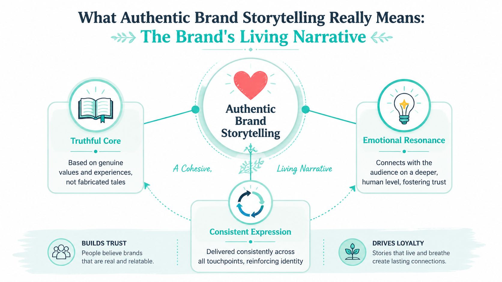 A diagram illustrating authentic brand storytelling, featuring a truthful core, emotional resonance, and consistent expression concepts.