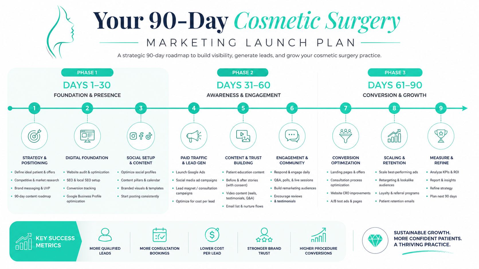 A 90-day strategic roadmap graphic for a cosmetic surgery marketing launch plan covering foundation, awareness, and growth.