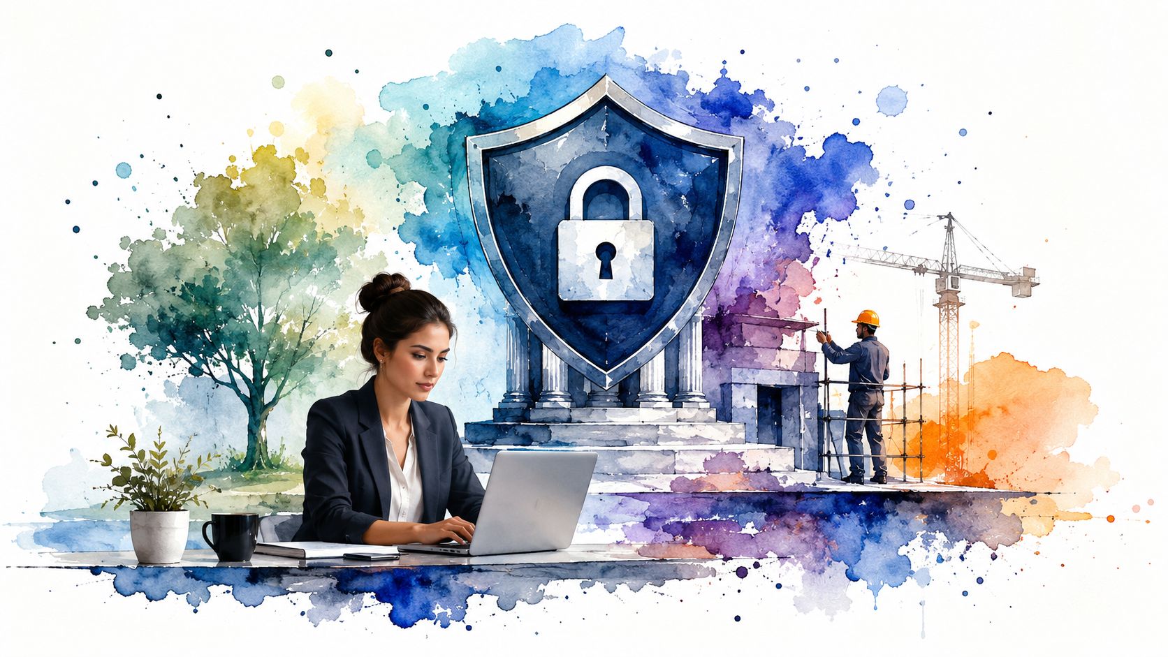 A professional woman working on her laptop with a digital security shield overlay and a construction worker.
