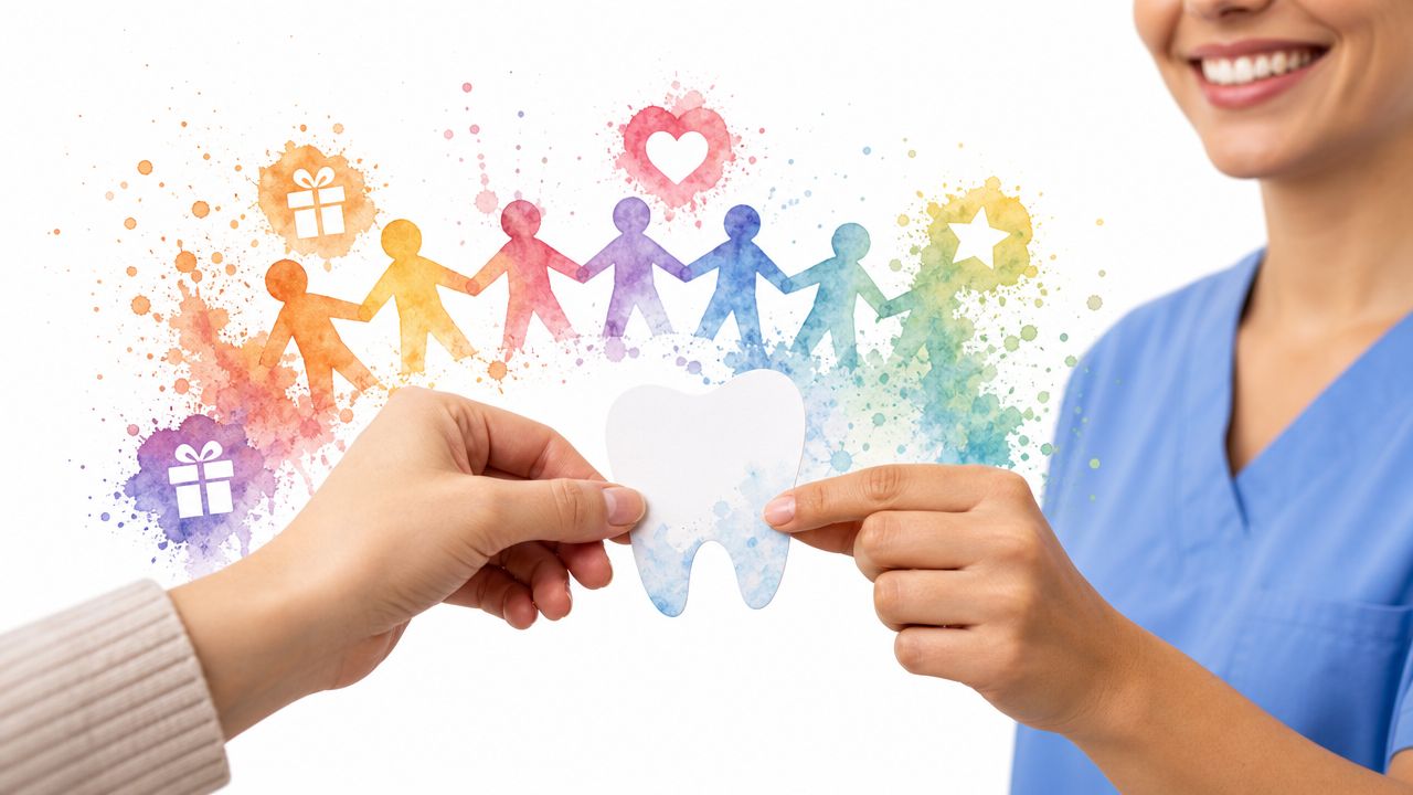 A dental professional and patient holding a paper tooth cutout with colorful paper figures background.