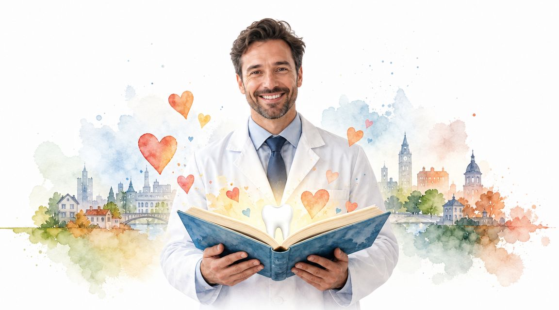 A friendly dentist holding an open book with a glowing tooth symbol, surrounded by watercolor city icons.