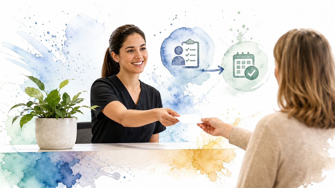 A friendly dental receptionist handing a card to a patient at the front desk of a clinic.