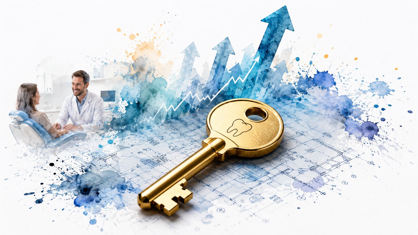 A golden key with a tooth icon rests on dental office blueprints, representing dental practice growth.