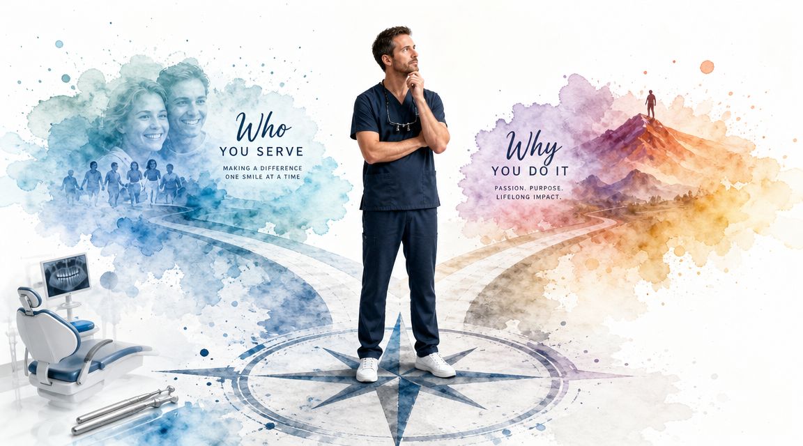A dentist standing on a compass rose between abstract watercolor representations of patient care and career purpose.
