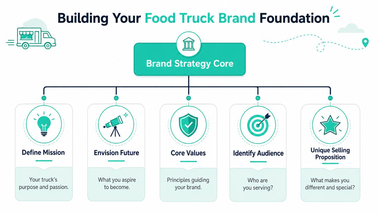 An infographic showing the five core elements for building a successful food truck brand strategy foundation.