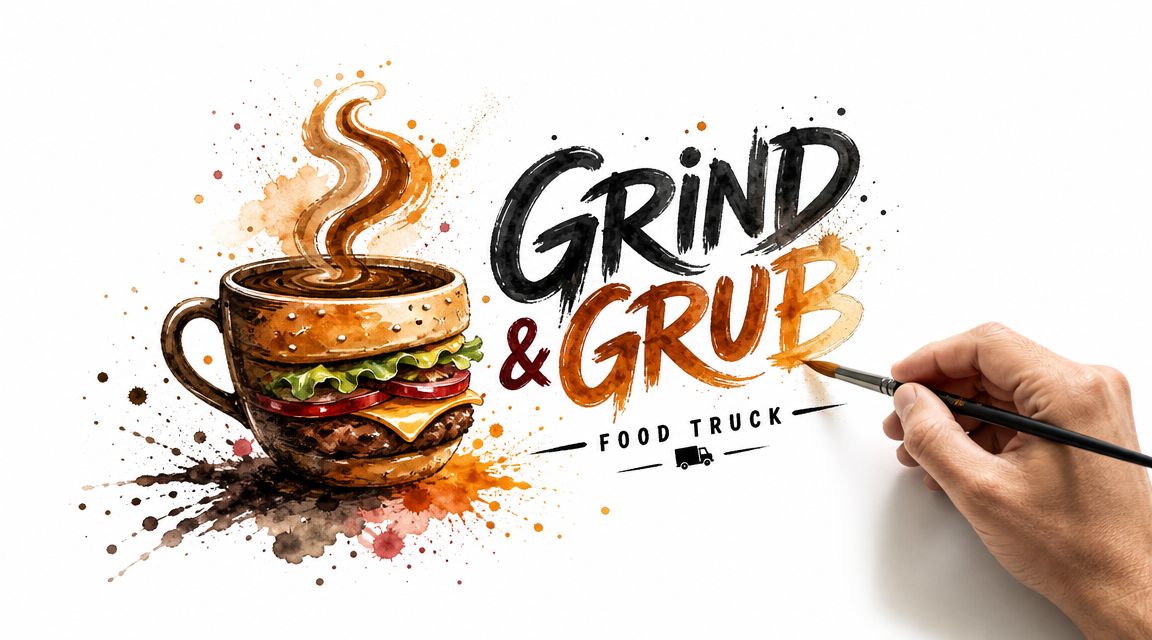 A hand painting the Grind & Grub food truck logo featuring a burger inside a coffee mug.