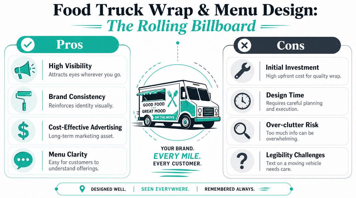 An infographic detailing the pros and cons of food truck wrap and menu design for business marketing.