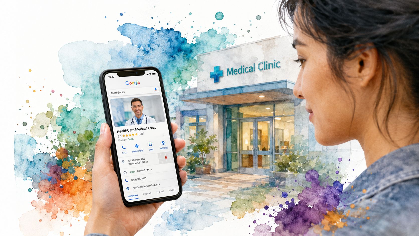 A person using a smartphone to view a Google Business Profile for a local medical clinic.
