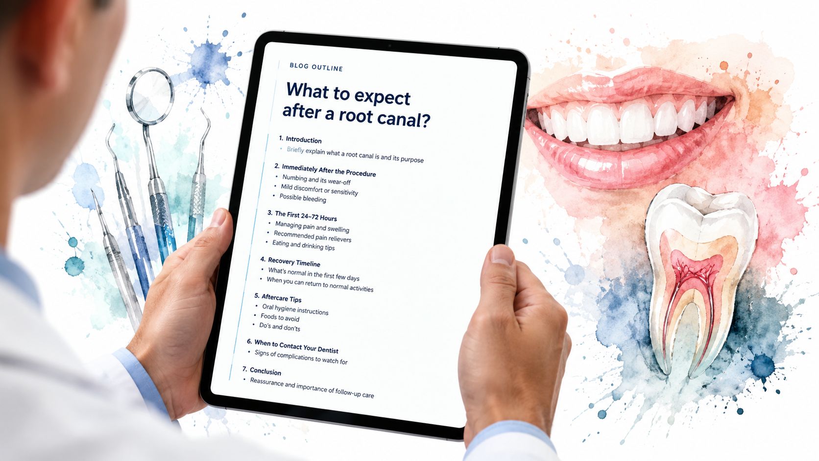 A healthcare professional holding a tablet displaying a blog outline about what to expect after a root canal.