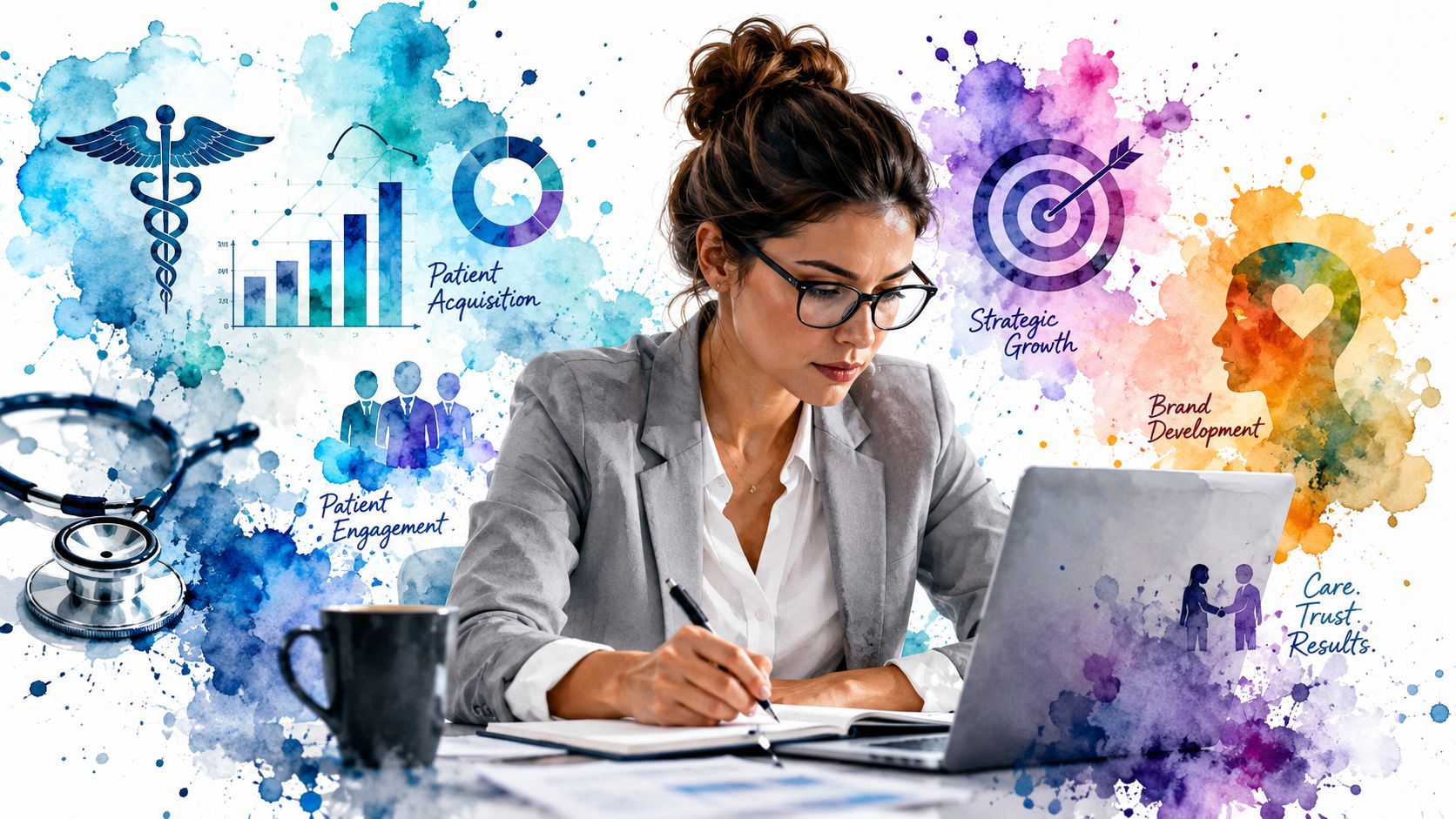 A professional woman working on a laptop surrounded by creative medical marketing strategy icons and watercolor art.