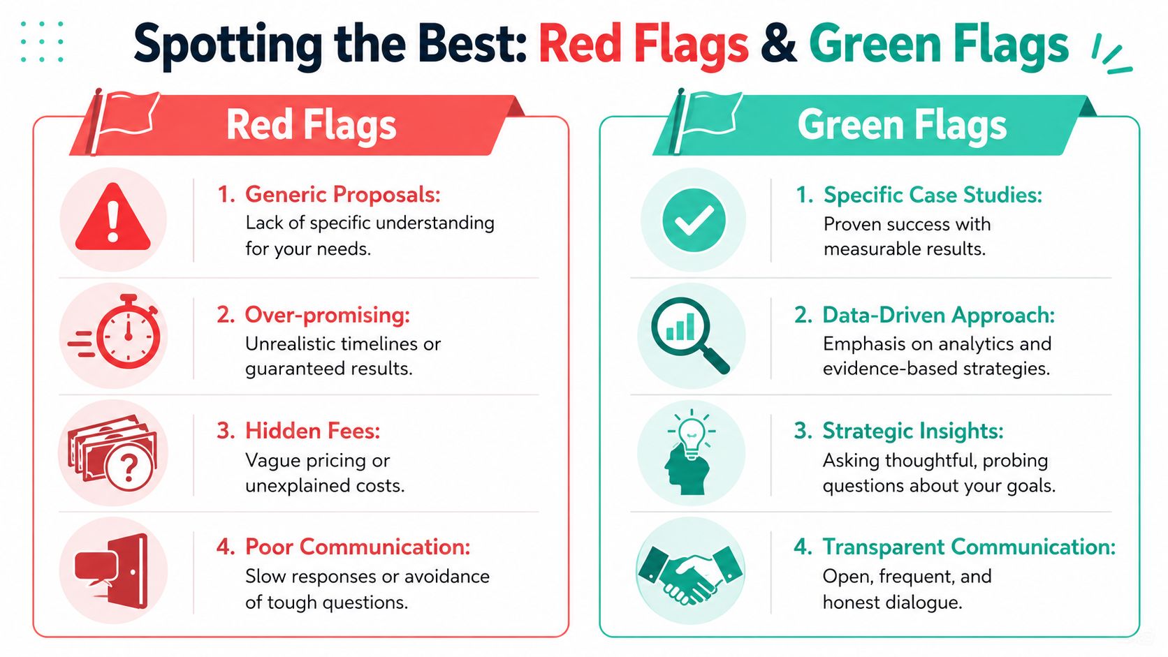 A comparison chart showing red flags to avoid and green flags to seek in professional partnerships.
