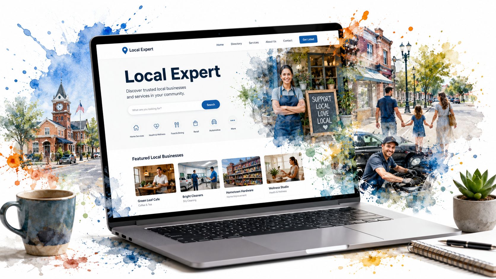 A modern laptop displaying the Local Expert website with watercolor artistic elements surrounding the screen.