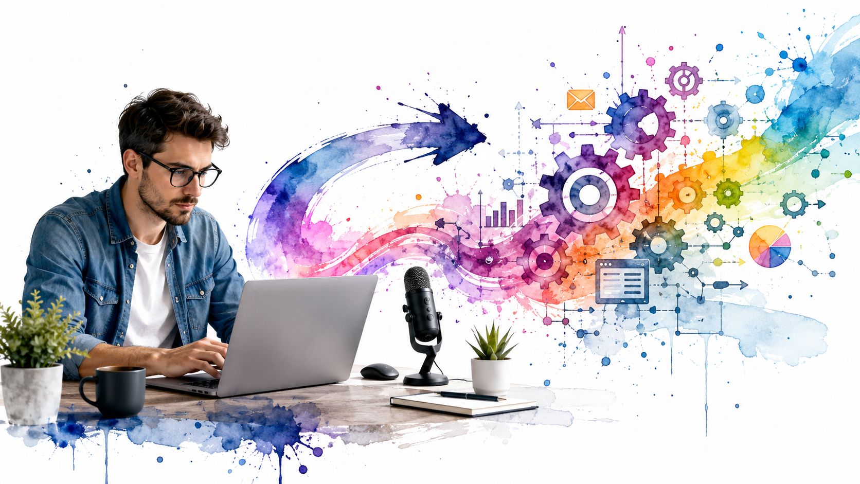 A professional man with glasses working on his laptop with creative digital marketing concepts shown as watercolor illustrations.