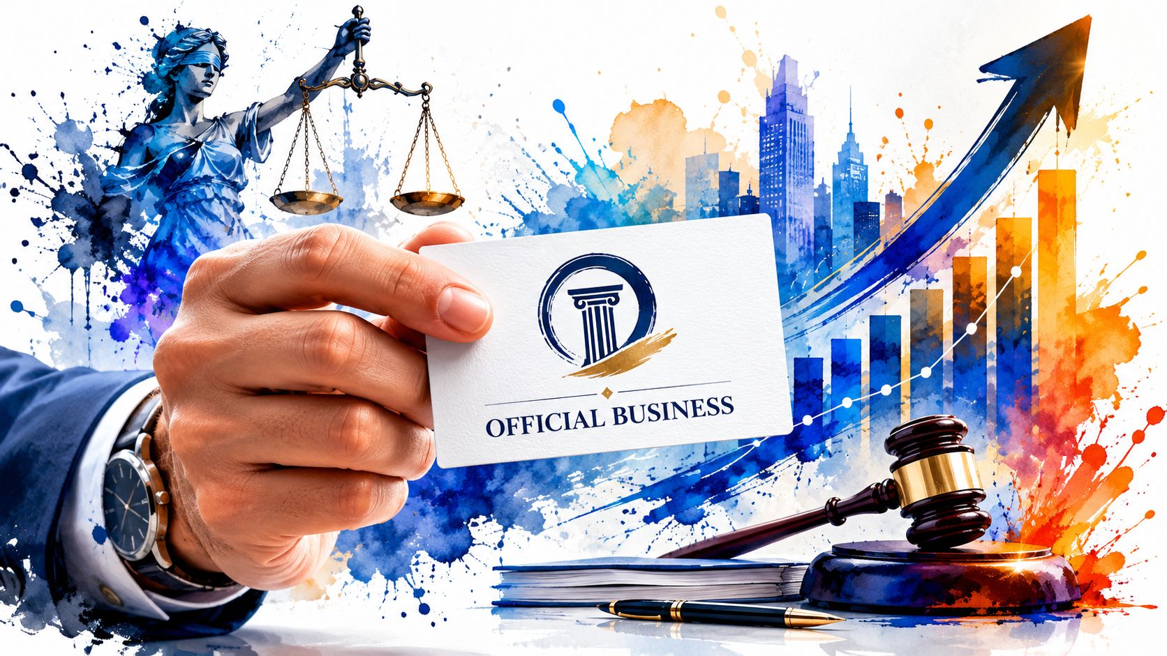 A professional hand holding a business card with a gavel and Lady Justice icon in the background.