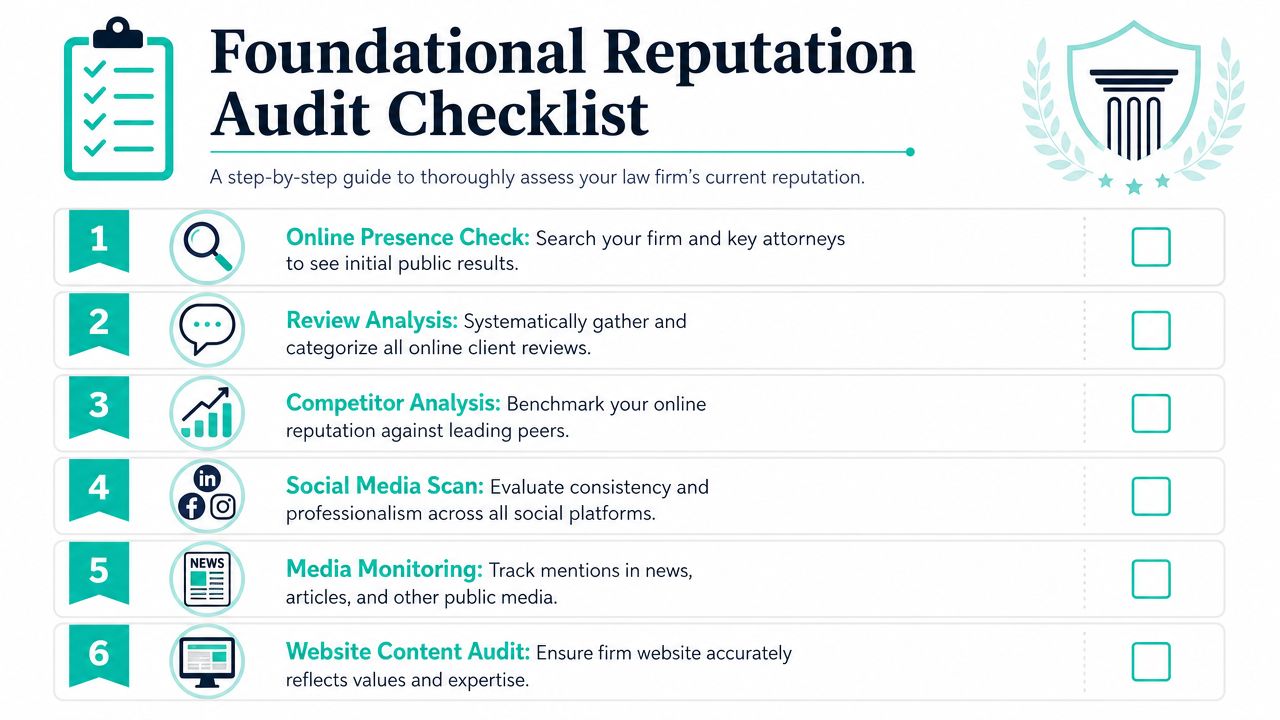 A foundational reputation audit checklist for law firms featuring six essential steps for assessing professional online presence.