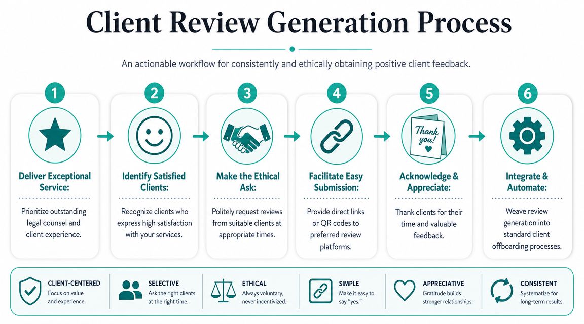 A six-step infographic detailing the process for law firms to ethically generate positive client reviews.
