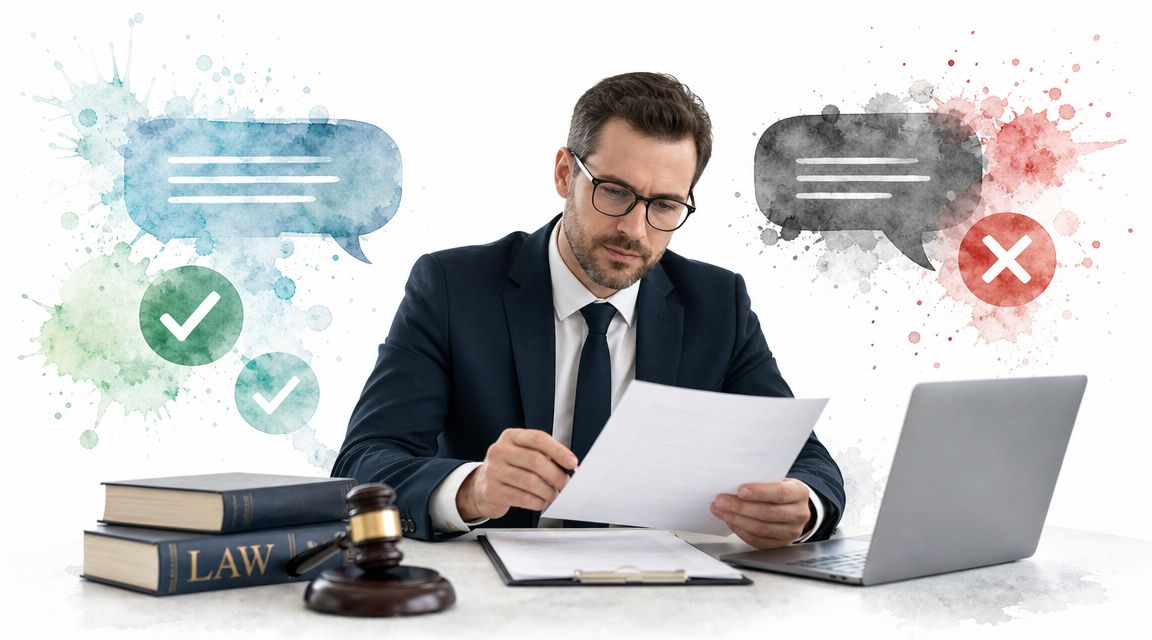A professional lawyer reviewing legal documents at a desk with a gavel and laptop for reputation management.