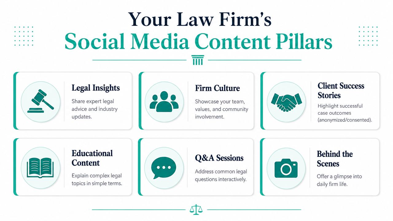 A strategic content planning graphic detailing six essential social media content pillars for law firm marketing.