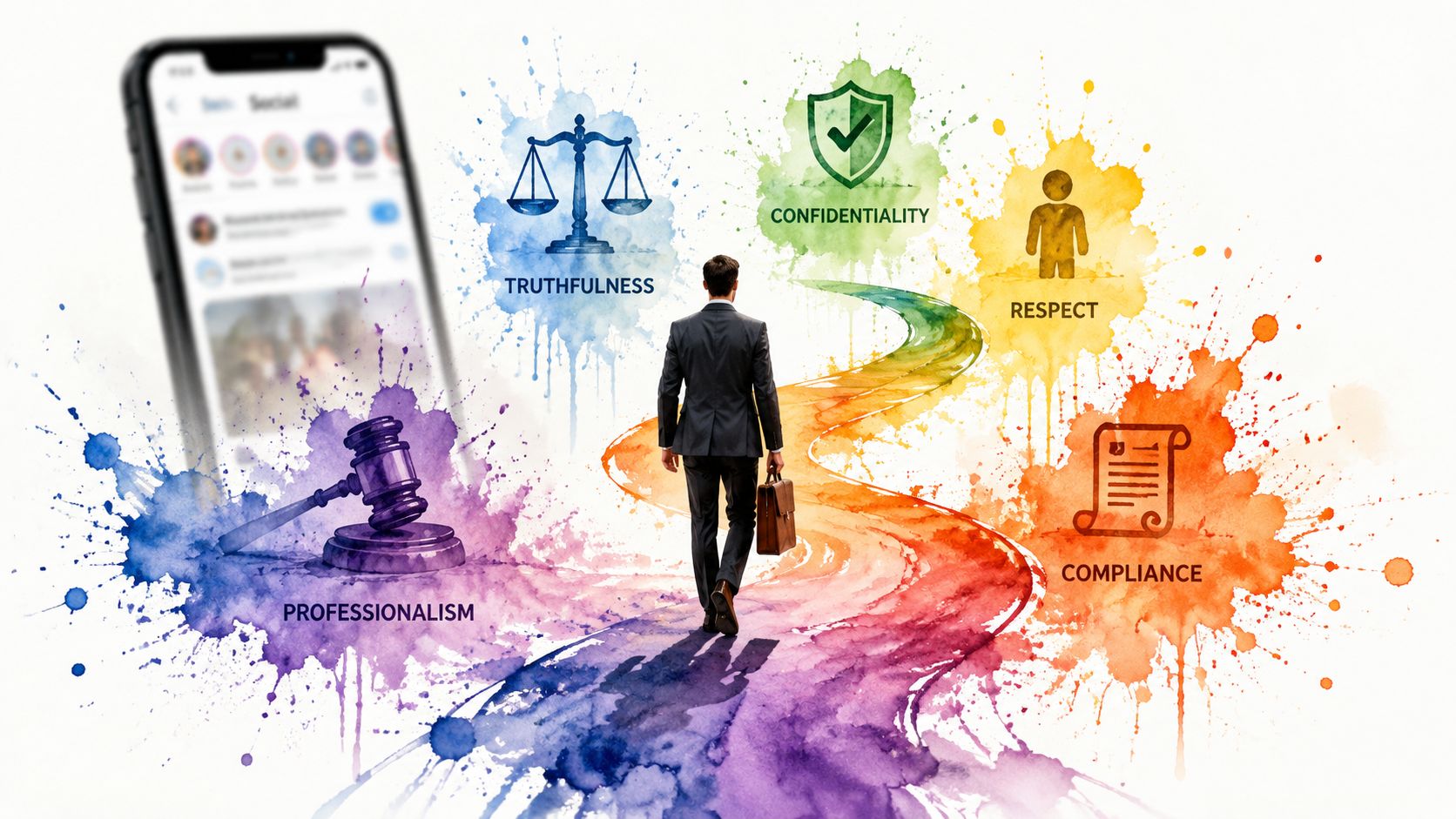 A businessman walks along a colorful path representing corporate ethics, including professionalism, truthfulness, confidentiality, respect, and compliance.
